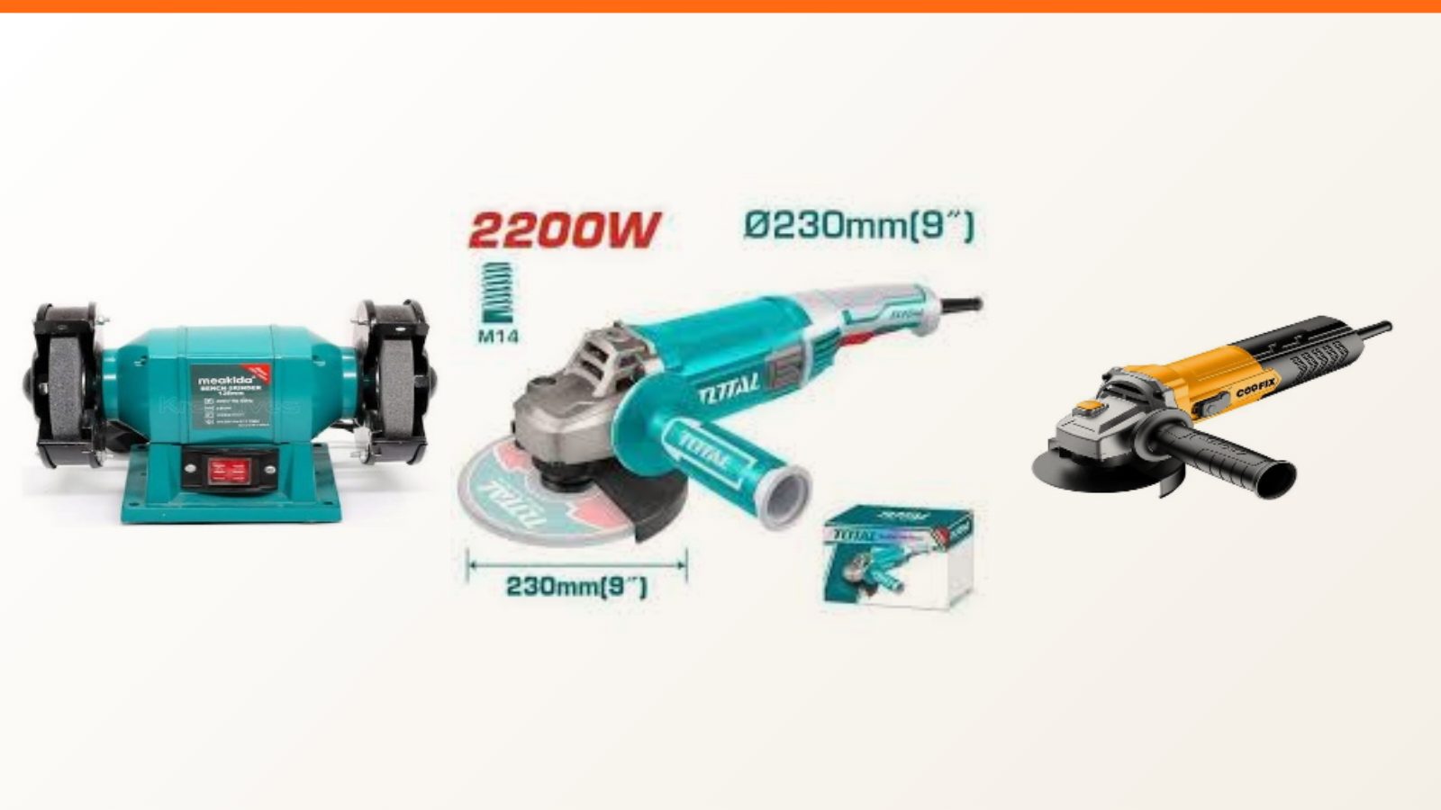 A bench grinder, a 9-inch angle grinder and a 4-inch angle grinder