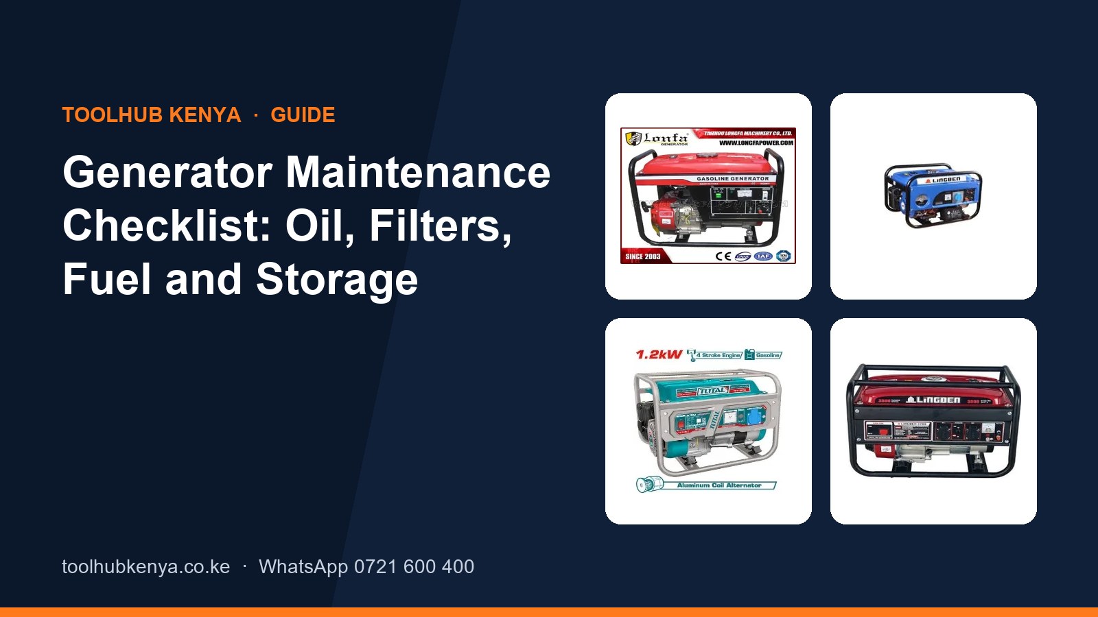 Key start petrol generators and a diesel generator from the ToolHub Kenya range, ready for a service check